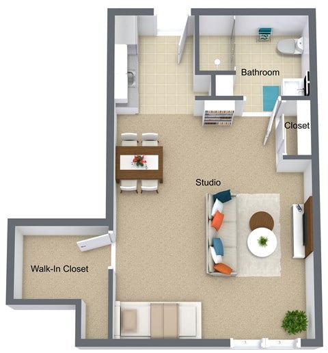 Floor plan for 1 bed, 1 bath, 576 sqft
